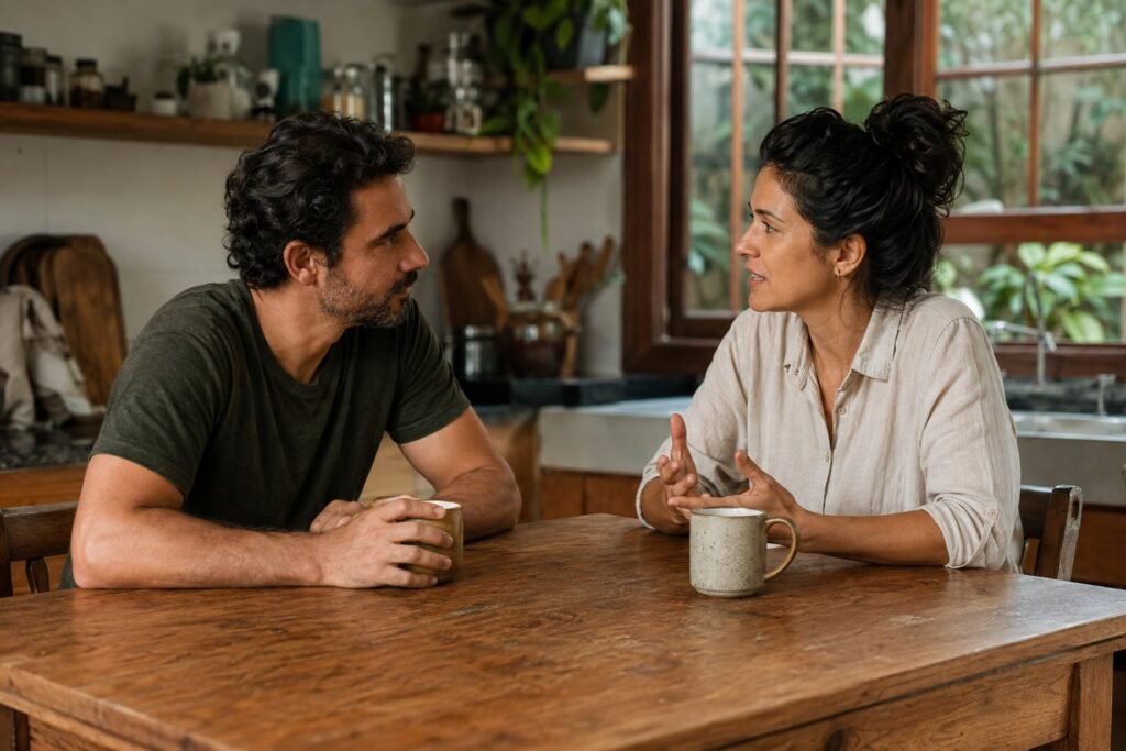 Casal conversa com atenção à mesa de uma cozinha, com duas canecas.