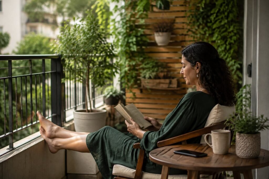 Mulher lê em uma varanda com plantas, com o celular deixado sobre a mesa.