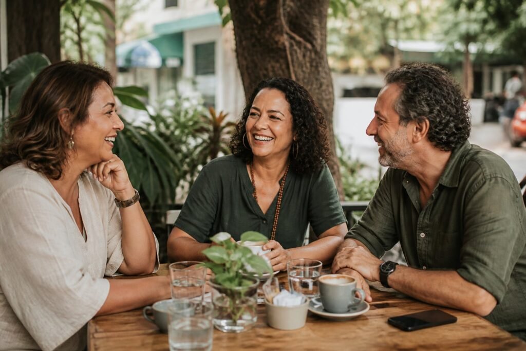 Três amigos adultos conversam e sorriem em um café ao ar livre.
