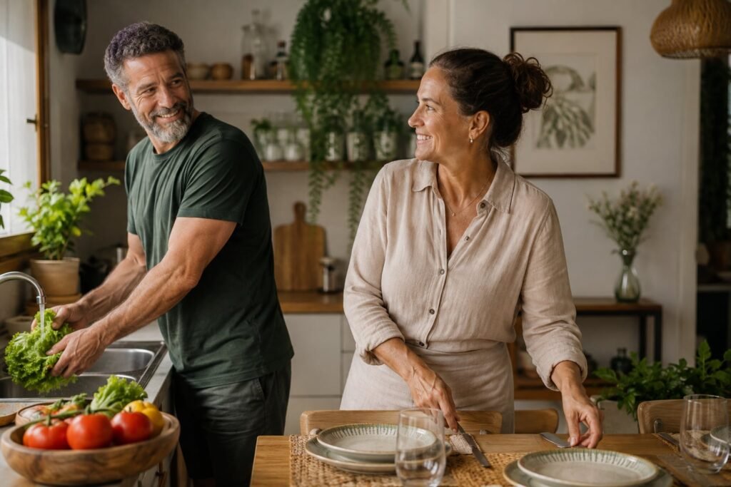 Casal compartilha o preparo de uma refeição em uma cozinha doméstica.