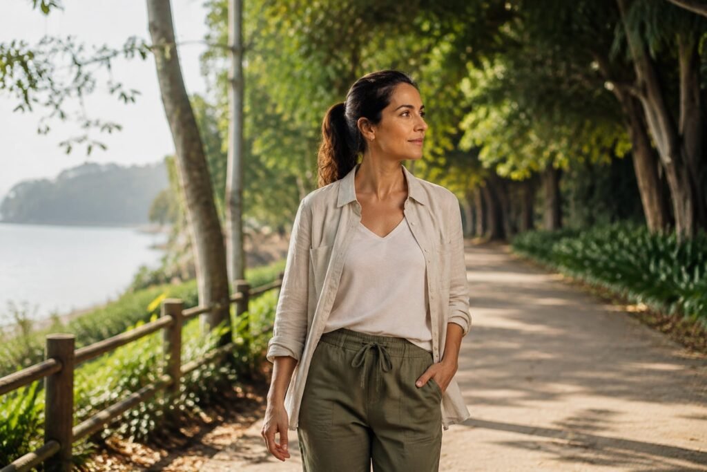 Mulher caminha sozinha por um caminho arborizado à luz da manhã.