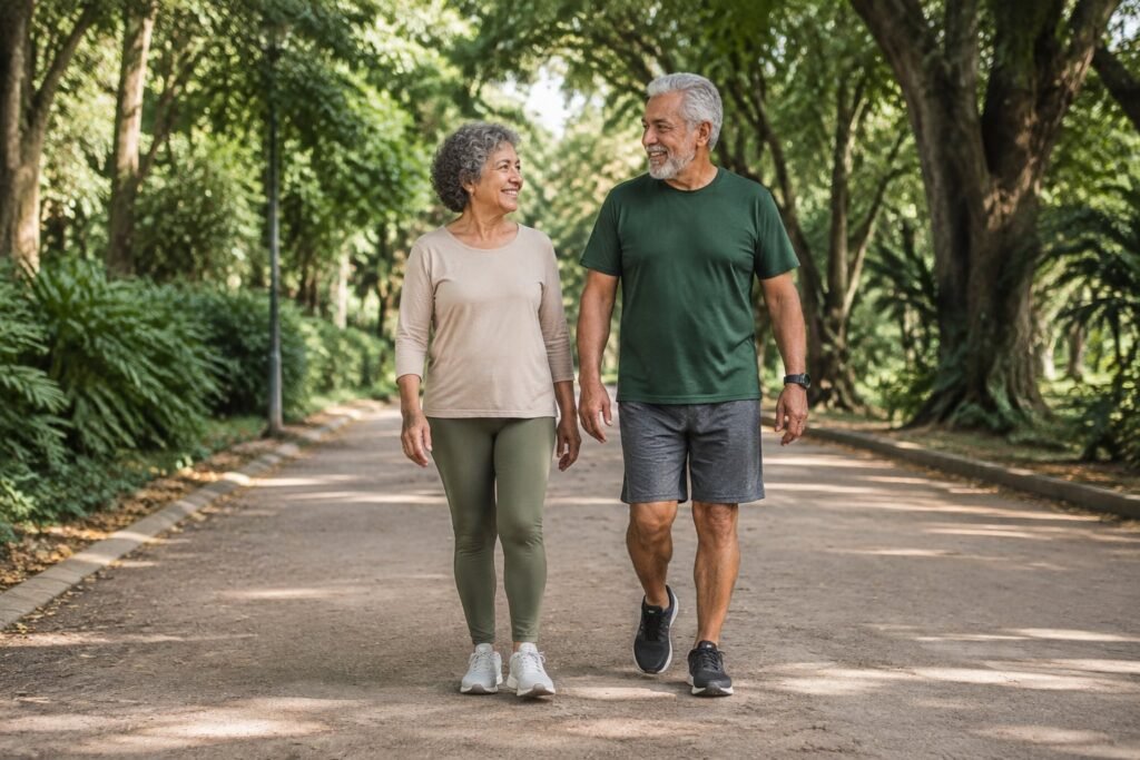 Duas pessoas idosas caminham juntas em um caminho plano no parque.