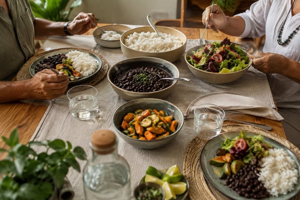 Refeição caseira com arroz, feijão, legumes e salada em recipientes de cerâmica.